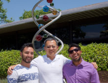 Zhong Wang (center), co-founder of the JGI-UC Merced Genomics Internship, with his previous UC Merced interns Jonathan Anzules (left) and Cristhian Gutierrez Huerta (right).
