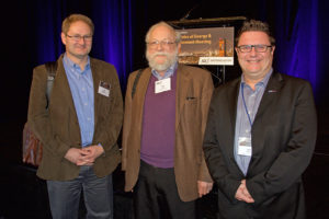 Dan Drell (center) at the 2018 JGI Genomics of Energy & Environment Meeting with BSSD Director Todd Anderson (left) and JGI Director Nigel Mouncey (right).