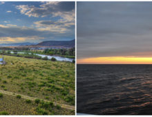 Samples of Margulisbacteria were collected at a number of locations, including Rifle, Colo., (left) and from the Gulf of Maine off the coast of Boothbay Harbor, Maine (right). (Image of Rifle, Colo. sampling site by Roy Kaltschmidt, Berkeley Lab. Image of sunset over the Gulf of Maine by NASA/SABOR/Wayne Slade, Sequoia Scientific, Flickr CC BY 2.0)