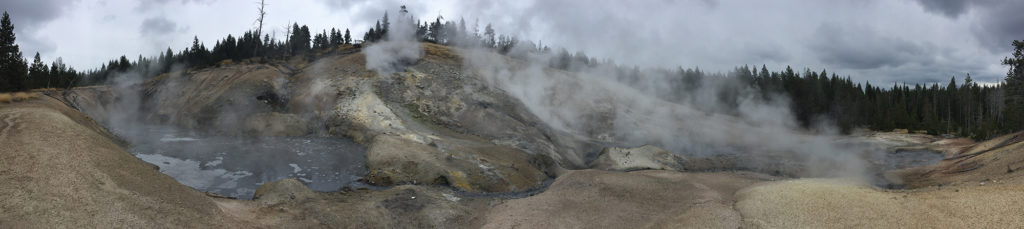 Panorama of Washburn Hot Springs (Yellowstone National Park). Sediments from the upper pool were sampled and subjected to DNA sequencing by the DOE-Joint Genome Institute (YNP Research Permit: YELL-2012-SCI-05068, PI: W. Inskeep. Image: R. Hatzenpichler). 