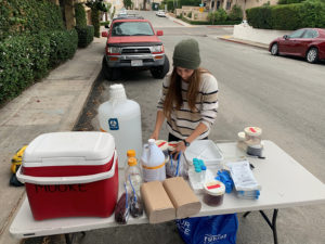Taylor Steele setting up the field washing station during a seaweed collecting trip in La Jolla, Calif. They use this setup to do a brief detergent treatment prior to snap freezing samples of algae (seaweed) to reduce contamination. (Moore lab)