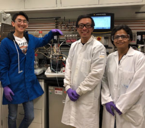 Research assistant Andrew Lau, project scientist Thomas Eng, and postdoctoral researcher Deepanwita Banerjee (left to right) were the hands-on team that engineered P. putida to produce indigoidine. (Courtesy of Aindrila Mukhopadhyay)