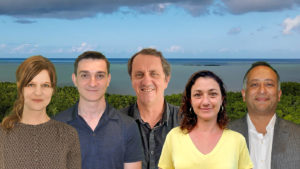 Some of the authors of the Science publication. Left to right: Tanja Woyke, Jean-Marie Volland, Olivier Gros, Silvina Gonzalez-Rizzo and Shailesh Date. (Background image by Hugo Bret; Composite by Susan Brand/Berkeley Lab)