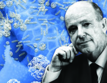 An image of Robert Hungate set against a blue background with white bacteria images