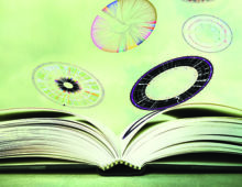 Open book with circular representations of microbial genomes above, all against a green background