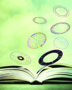 Open book with circular representations of microbial genomes above, all against a green background