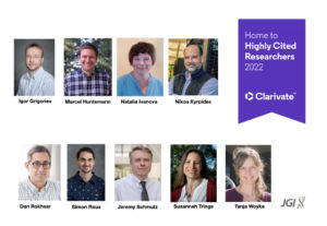 Nine headshots, one for each researcher, laid out beside a purple ribbon reading, "Home to Highly Cited Researchers 2022 Clarivate"