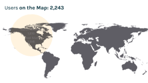 Users on the Map: 2,243; North America (1,610); United States (1,518); South America (27); Europe (446); Africa (13); Asia (80); Australia & New Zealand (67). Academic (1,631), Industry (37), DOE — national labs only (196), Government (220), Other (159), Total Users (2,243)