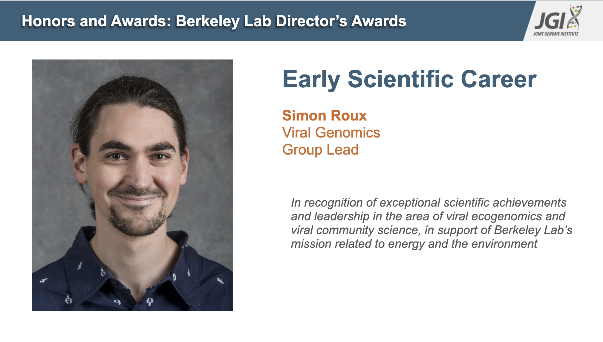 Photo of Simon Roux, Viral Genomics group lead, is a recipient of the Berkeley Lab Director's Award for Early Scientific Career