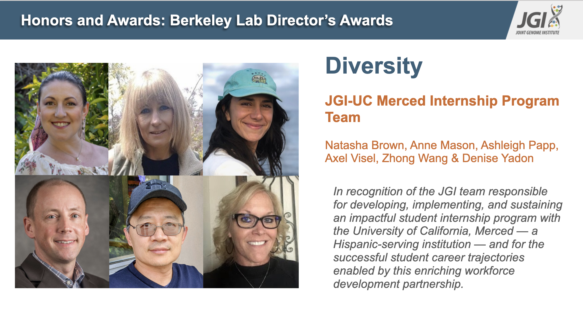 JGI-UC Merced Internship Program Team recipients of the Berkeley Lab Director's Diversity Award