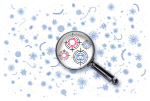 Illustration of a magnifying glass identifying viruses and plasmids.