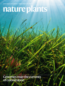 A thumbnail of the cover says Nature Plants at the top against an underwater backdrop with eelgrass at the bottom, where it reads: Genomes map the currents of colonization. 