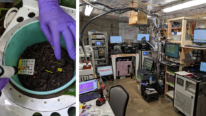 Left: Close-up of gloved hands using a pipette to conduct a pyruvate labeling experiment, with soil samples and labeled markers visible in a circular container. Right: A cluttered research laboratory filled with various scientific equipment, computers, monitors, and cables. Multiple screens display data and graphs, creating a busy and technical atmosphere.