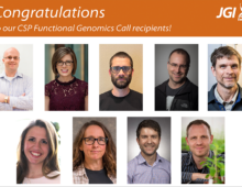 A congratulatory banner from the Joint Genome Institute (JGI) for the CSP Functional Genomics Call recipients. The image features portraits of nine recipients arranged in a grid. The top row includes four portraits: a man with glasses in a light checkered shirt, a woman with short brown hair and glasses in a burgundy lace top, a man with a beard and glasses in a black shirt, and a man in a black jacket with glasses. The bottom row includes five portraits: a woman with long brown hair smiling, a woman with glasses and long brown hair in a white top, a man with short dark hair in a blue checkered shirt, a man in a light blue shirt, and a man with short light brown hair wearing a dark striped shirt, holding a plant. The banner's background is white with an orange top section, displaying the text: "Congratulations to our CSP Functional Genomics Call recipients!" The JGI logo is in the top right corner.
